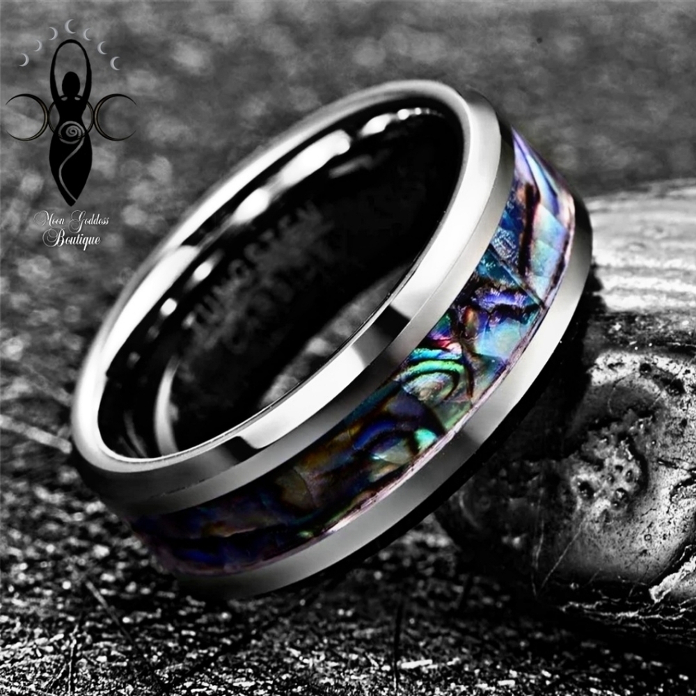 Unisex Ring ✦ Stainless Steel Abalone Shell Channel ✦ 8mm Silver Band NWT